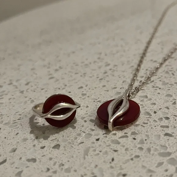 Vintage .925 Ring & Necklace set w/ Carnelian reminds me of Cartier *marked - Picture 9 of 13